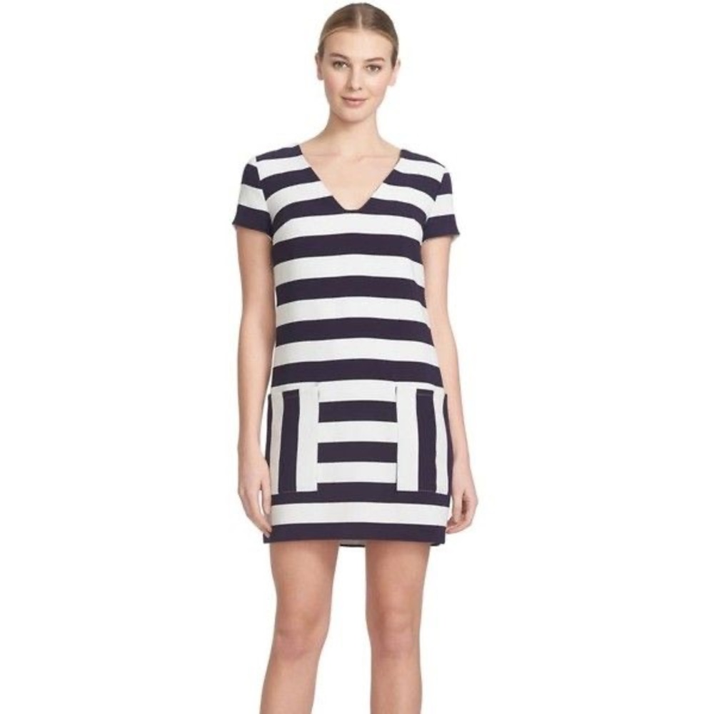 Navy Blue and White Striped Shift Dress